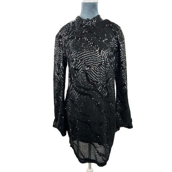 NWT Anthropologie Maeve Womens Large Dress Mini Sequin Mock Neck Black Open Back - Picture 7 of 16